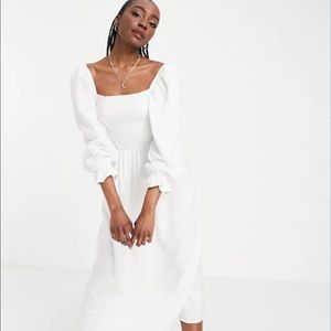 Tall shirred textured MIDI Dress in white